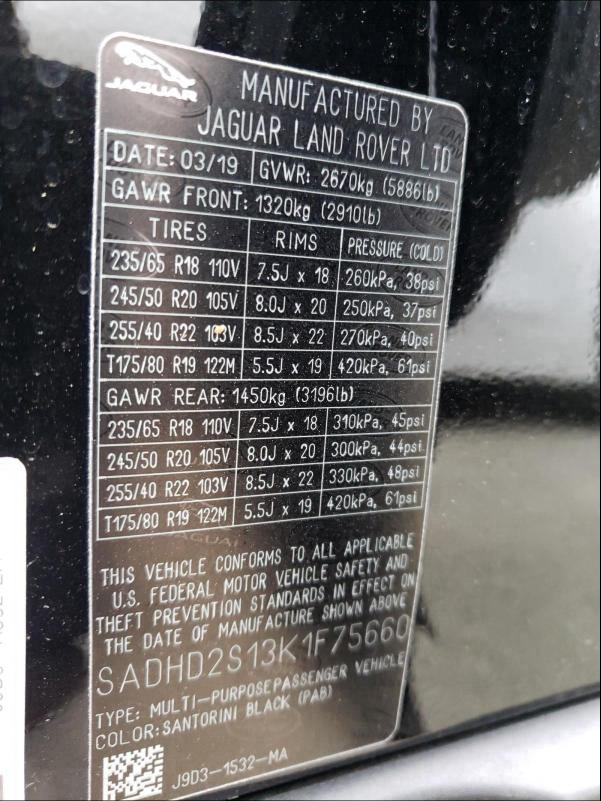2019 JAGUAR I-PACE FIR SADHD2S13K1F75660