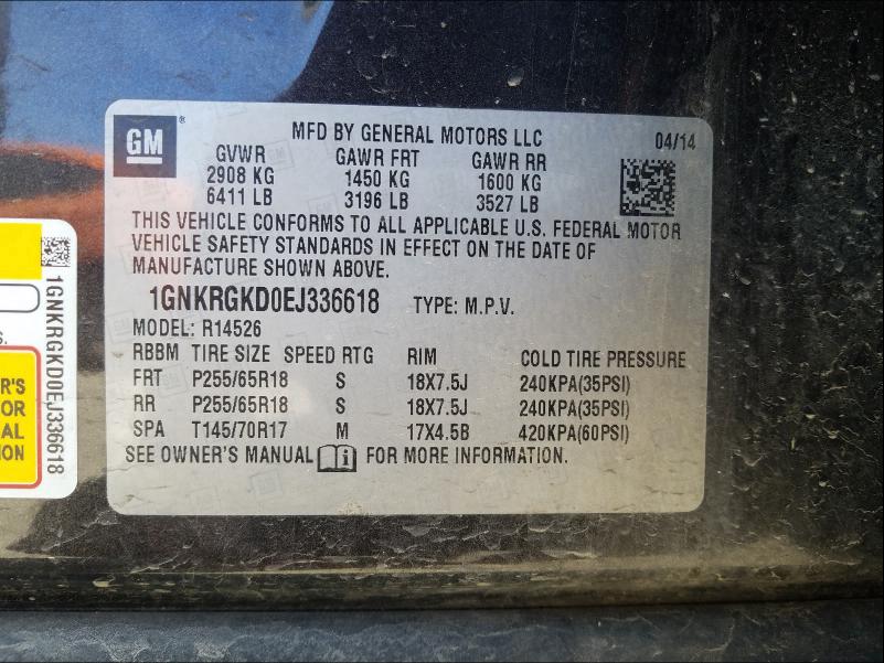 2014 CHEVROLET TRAVERSE L 1GNKRGKD0EJ336618