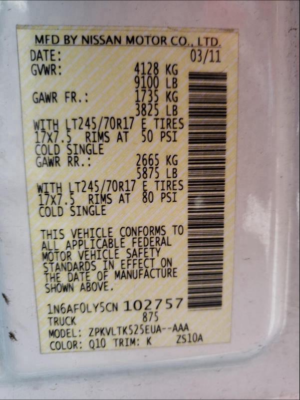2012 NISSAN NV 2500 1N6AF0LY5CN102757