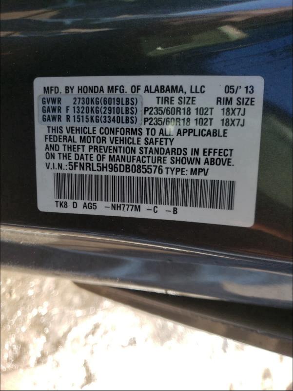 2013 HONDA ODYSSEY TO 5FNRL5H96DB085576