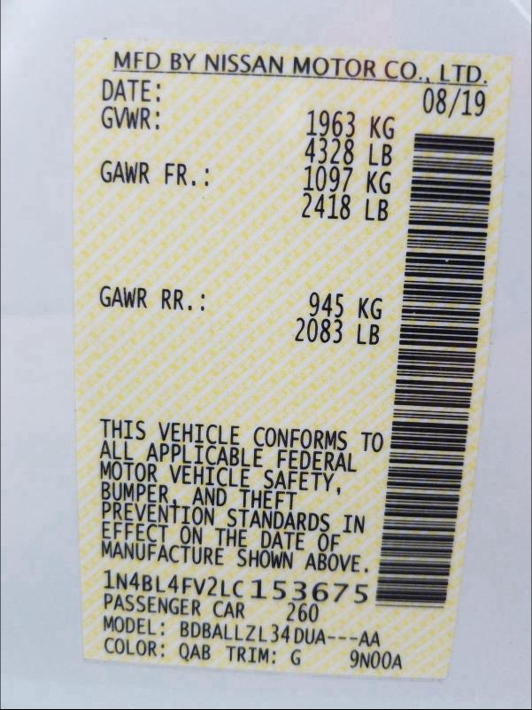 2020 NISSAN ALTIMA PLA 1N4BL4FV2LC153675