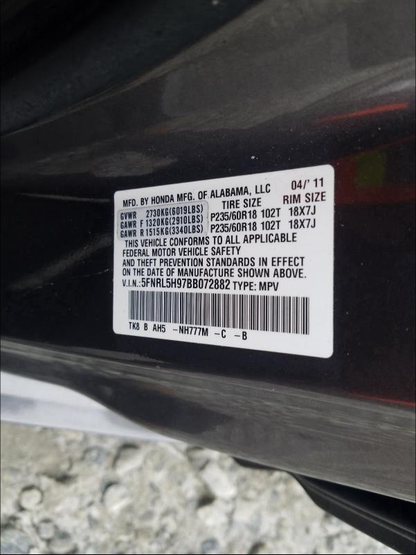 2011 HONDA ODYSSEY TO 5FNRL5H97BB072882