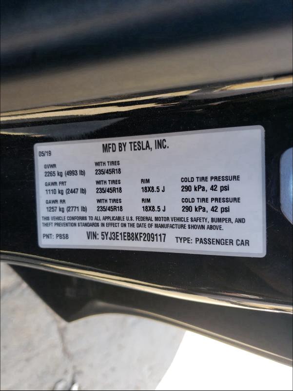 2019 TESLA MODEL 3 5YJ3E1EB8KF209117
