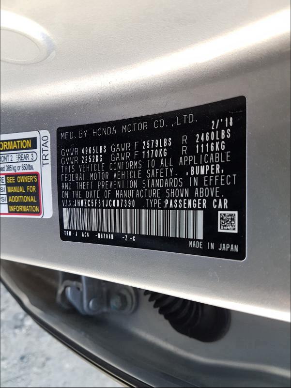 2018 HONDA CLARITY TO JHMZC5F31JC007390