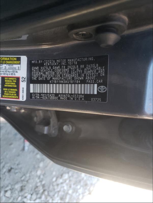 2019 TOYOTA CAMRY L 4T1B11HK5KU181184