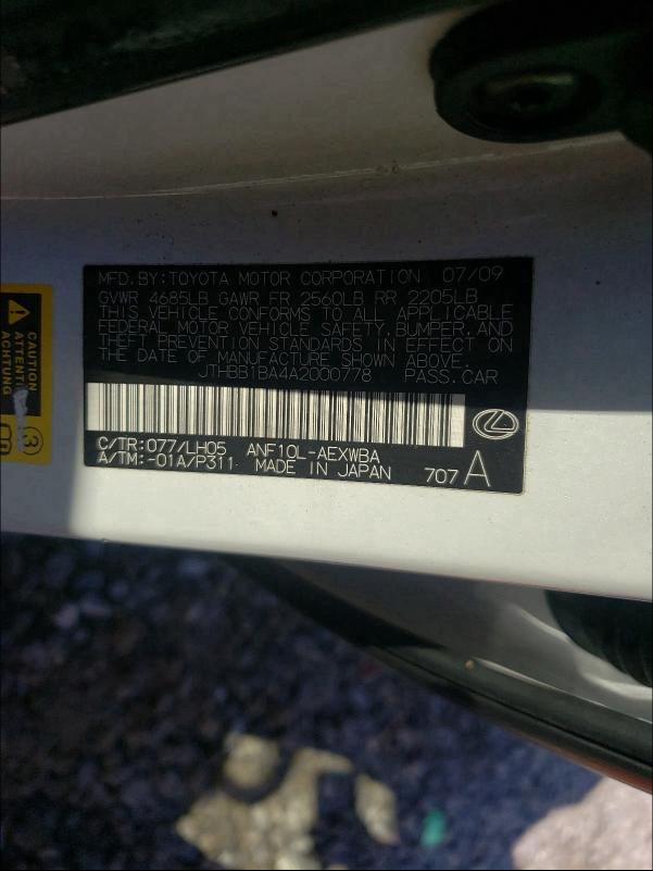 2010 LEXUS HS 250H JTHBB1BA4A2000778
