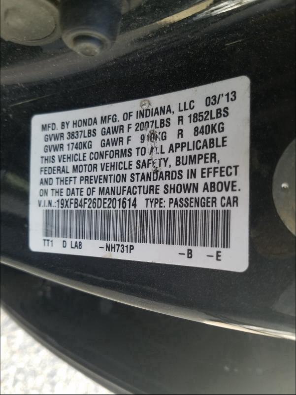 2013 HONDA CIVIC HYBR 19XFB4F26DE201614