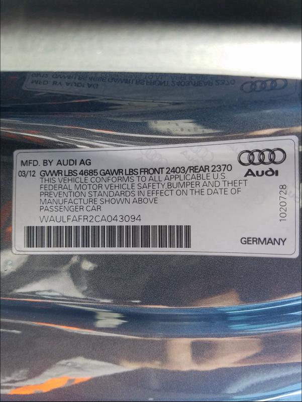 2012 AUDI A5 PREMIUM WAULFAFR2CA043094
