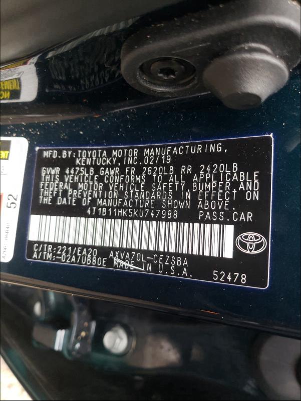 2019 TOYOTA CAMRY L 4T1B11HK5KU747988