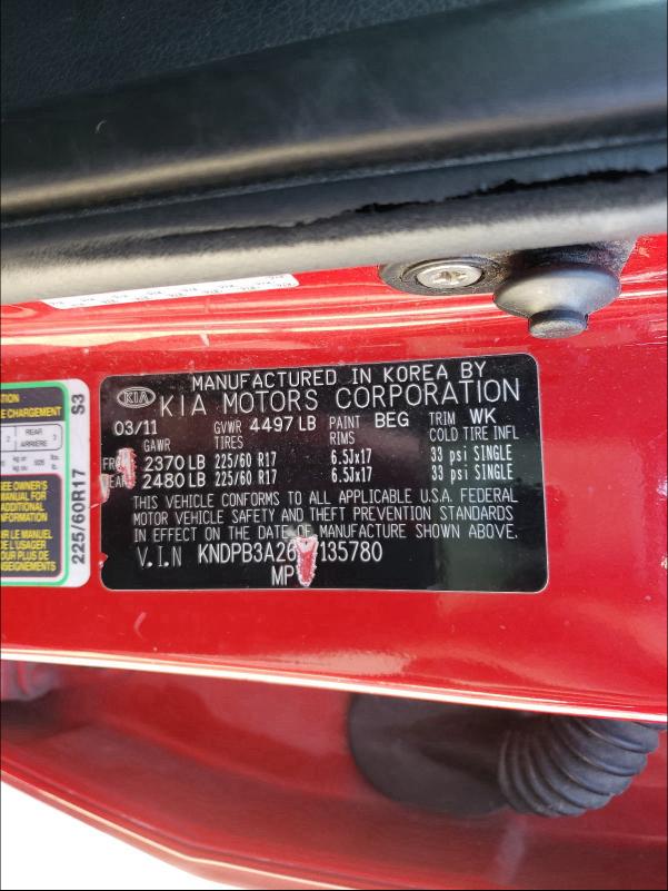 2011 KIA SPORTAGE L KNDPB3A26B7135780