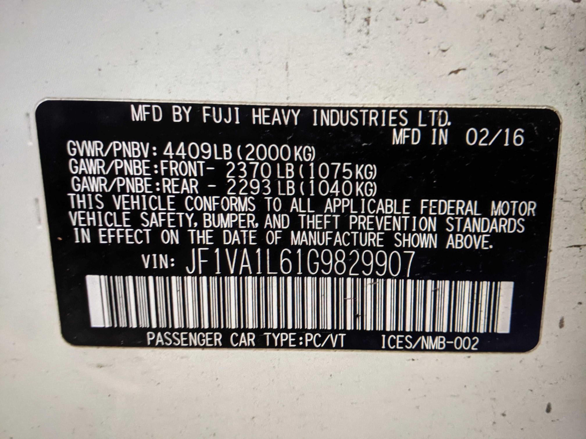 2016 SUBARU WRX LIMITE - JF1VA1L61G9829907