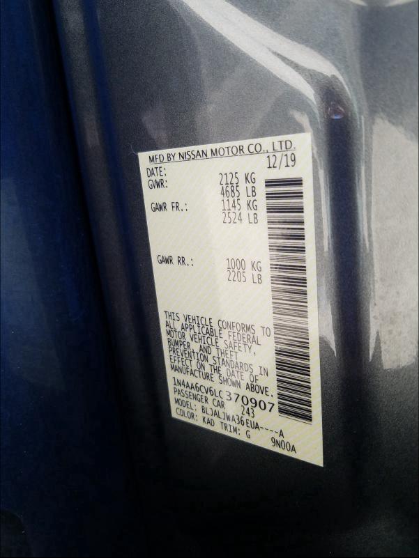 2020 NISSAN MAXIMA SV 1N4AA6CV6LC370907