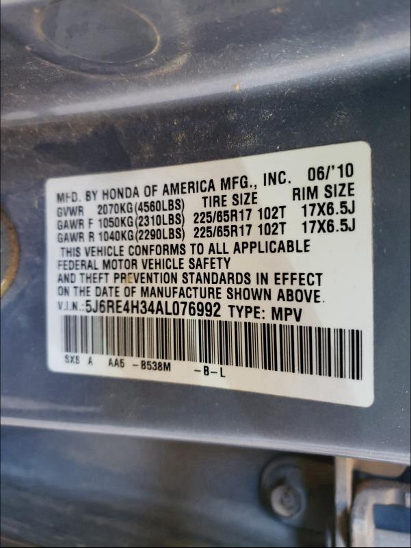 2010 HONDA CR-V LX 5J6RE4H34AL076992