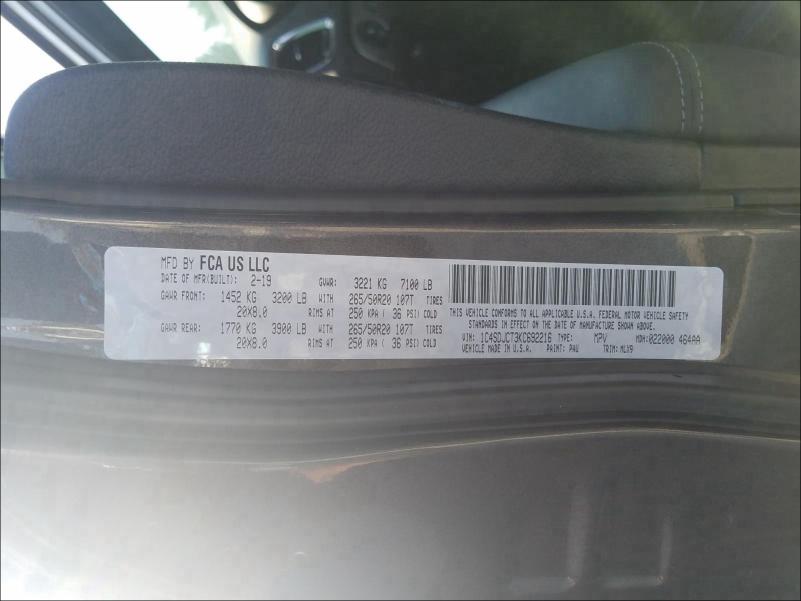 2019 DODGE DURANGO R/ 1C4SDJCT3KC692216