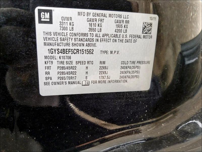 2012 CADILLAC ESCALADE L 1GYS4BEF5CR151562