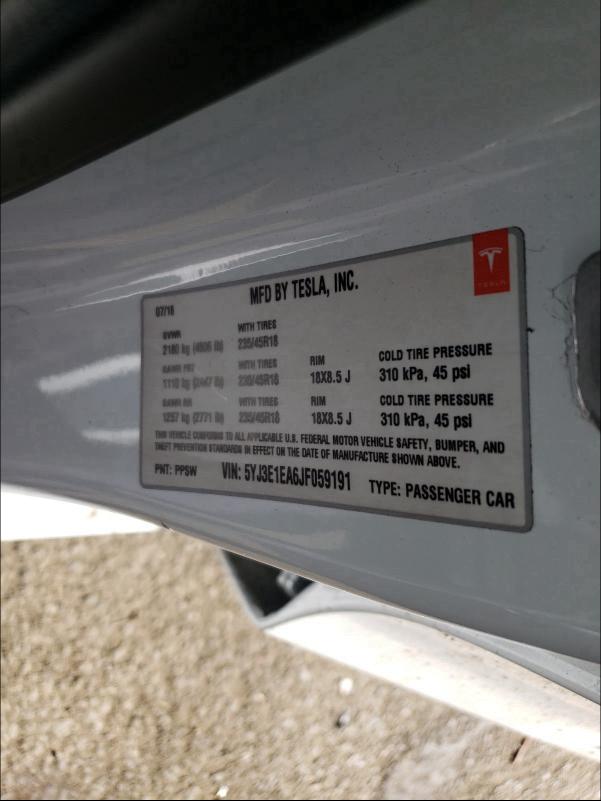 2018 TESLA MODEL 3 5YJ3E1EA6JF059191