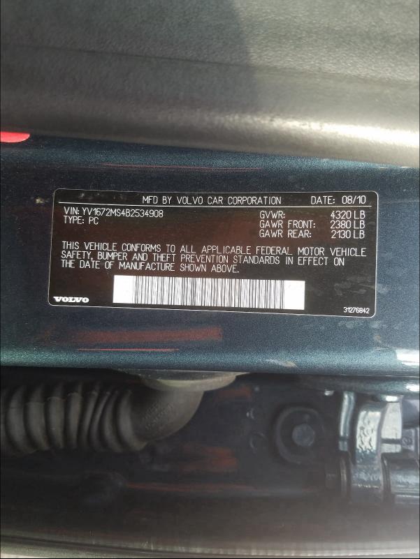 2011 VOLVO S40 T5 YV1672MS4B2534908