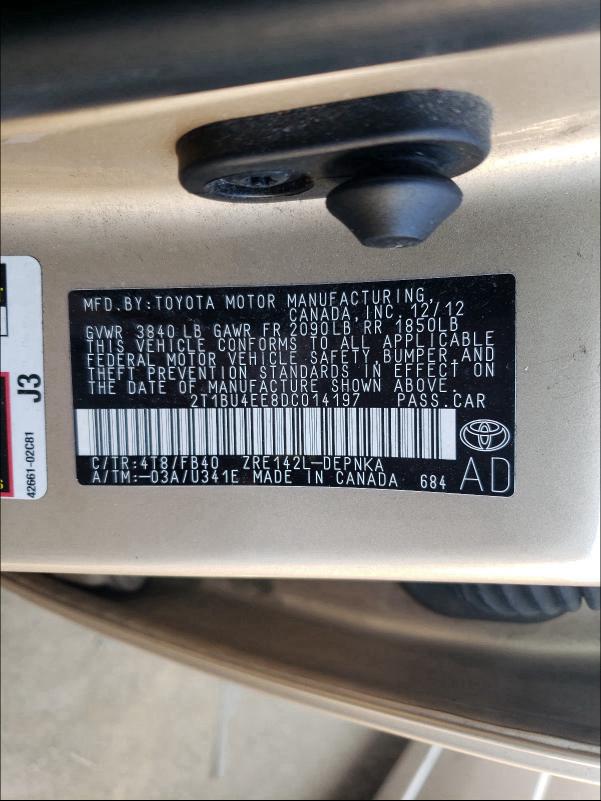 2013 TOYOTA COROLLA BA 2T1BU4EE8DC014197