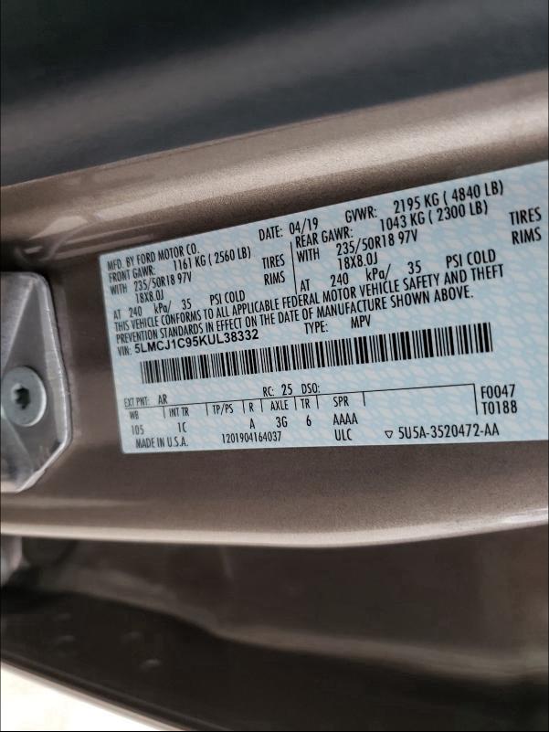 2019 LINCOLN MKC 5LMCJ1C95KUL38332