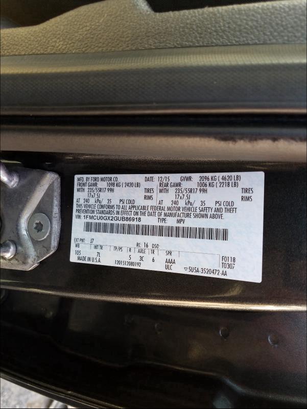 2016 FORD ESCAPE SE 1FMCU0GX2GUB86918