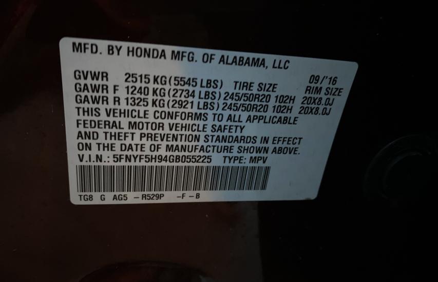 2016 HONDA PILOT TOUR 5FNYF5H94GB055225