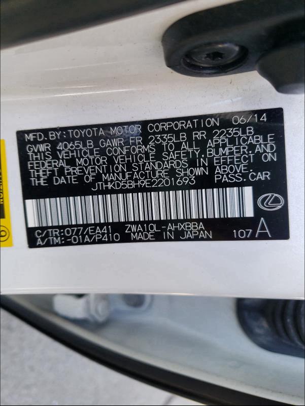 2014 LEXUS CT 200 JTHKD5BH9E2201693