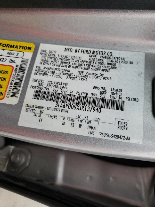 2018 FORD FUSION 3FA6P0D9XJR137940