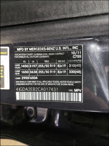 2012 MERCEDES-BENZ ML 350 BLU 4JGDA2EB2CA017431