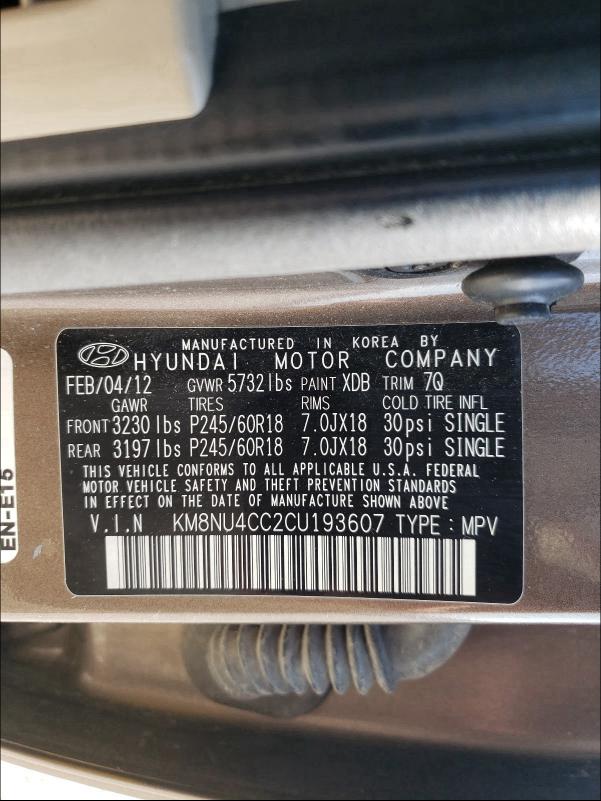 2012 HYUNDAI VERACRUZ G KM8NU4CC2CU193607
