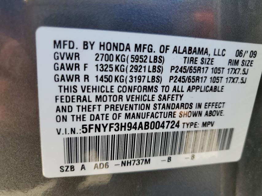 2010 HONDA PILOT TOUR 5FNYF3H94AB004724