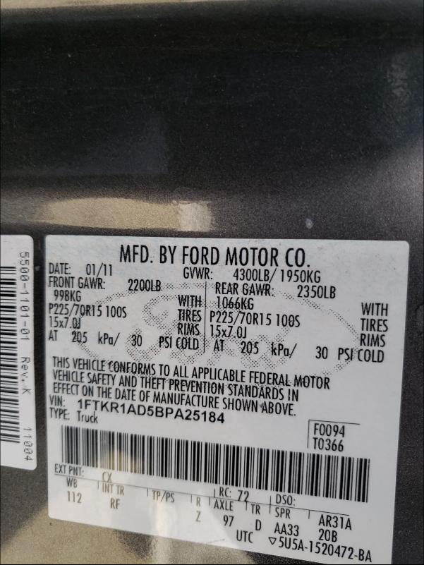 2011 FORD RANGER 1FTKR1AD5BPA25184