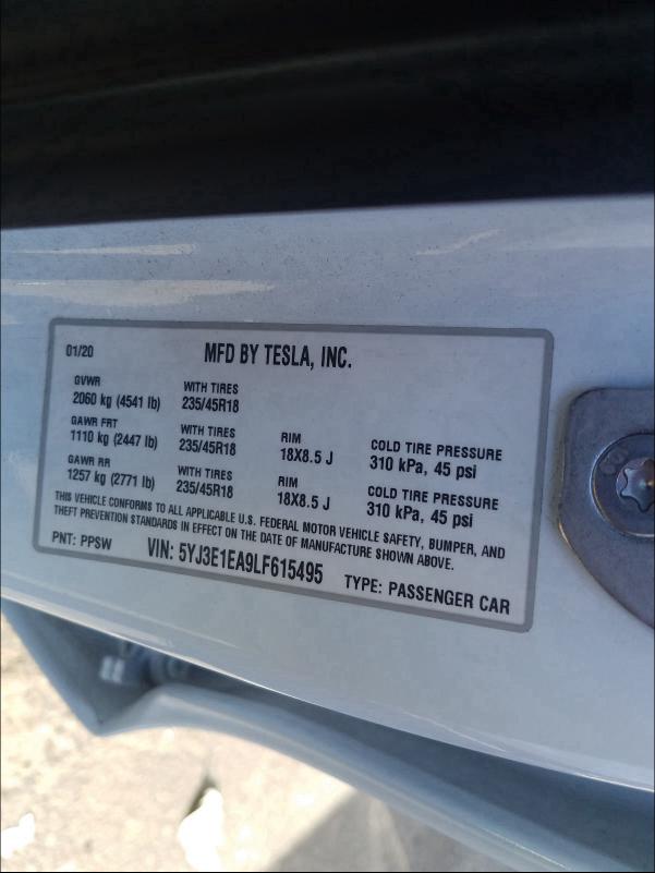 2020 TESLA MODEL 3 5YJ3E1EA9LF615495
