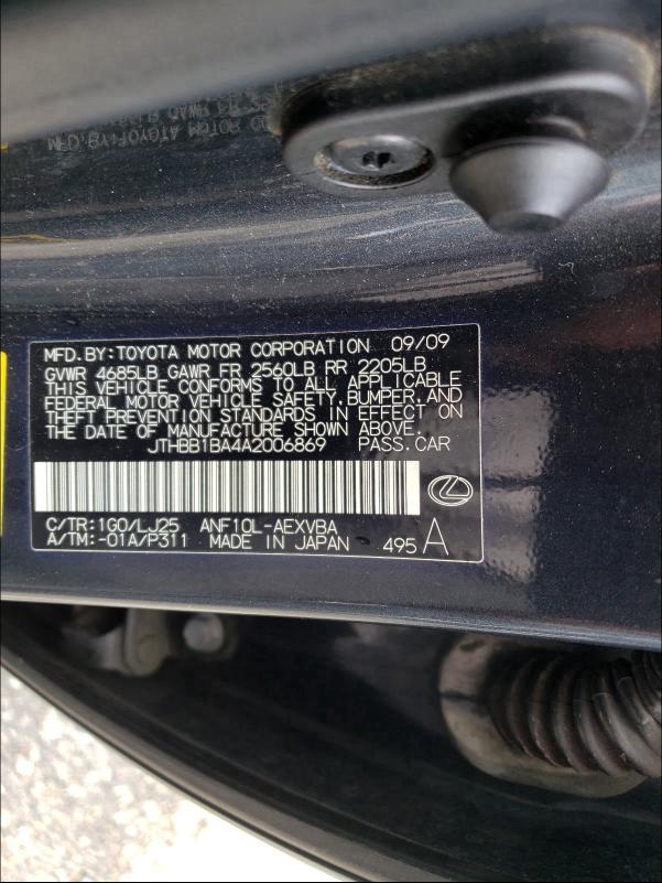 2010 LEXUS HS 250H JTHBB1BA4A2006869