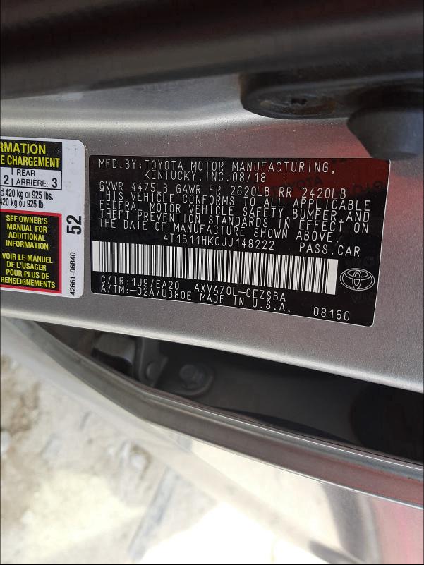 2018 TOYOTA CAMRY L - 4T1B11HK0JU148222