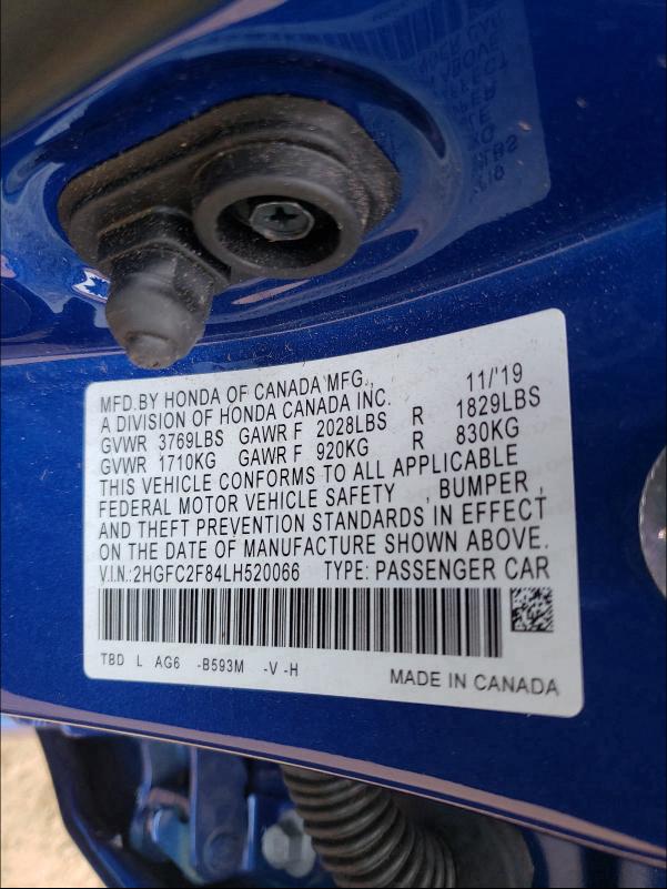 2020 HONDA CIVIC SPOR 2HGFC2F84LH520066