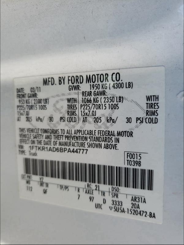 2011 FORD RANGER 1FTKR1AD6BPA44777