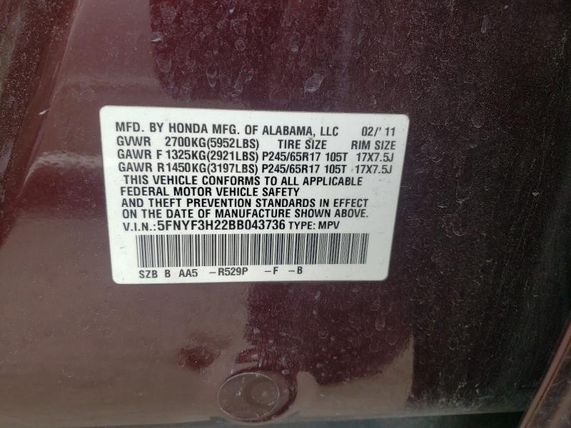 2011 HONDA PILOT LX 5FNYF3H22BB043736
