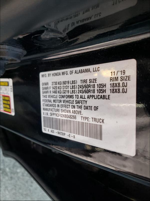 2019 HONDA RIDGELINE 5FPYK3F82KB048266