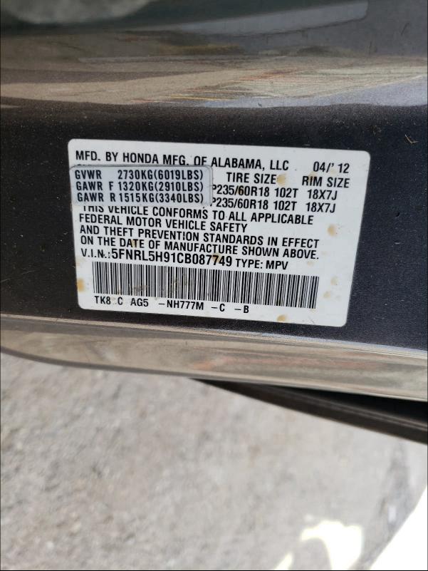 2012 HONDA ODYSSEY TO 5FNRL5H91CB087749