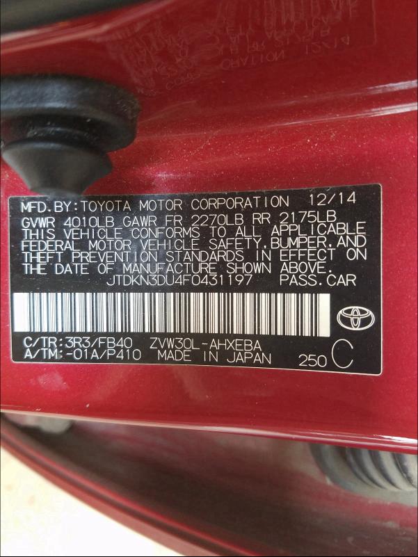 2015 TOYOTA PRIUS JTDKN3DU4F0431197