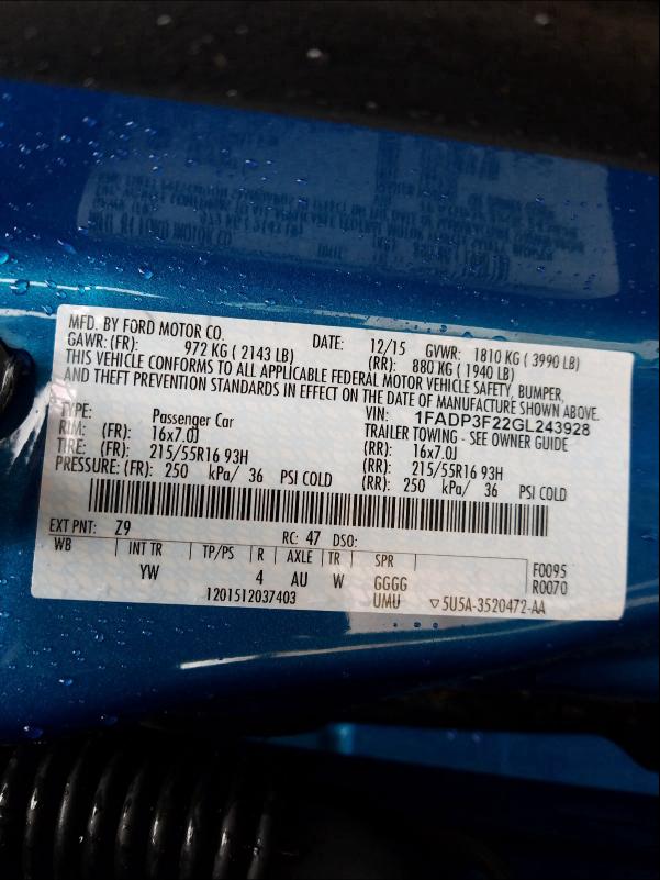 2016 FORD FOCUS SE 1FADP3F22GL243928