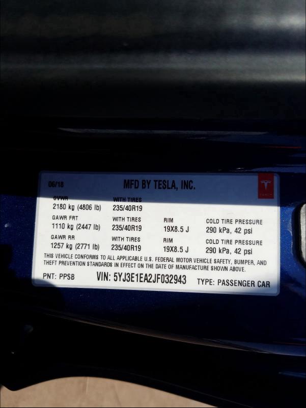 2018 TESLA MODEL 3 5YJ3E1EA2JF032943