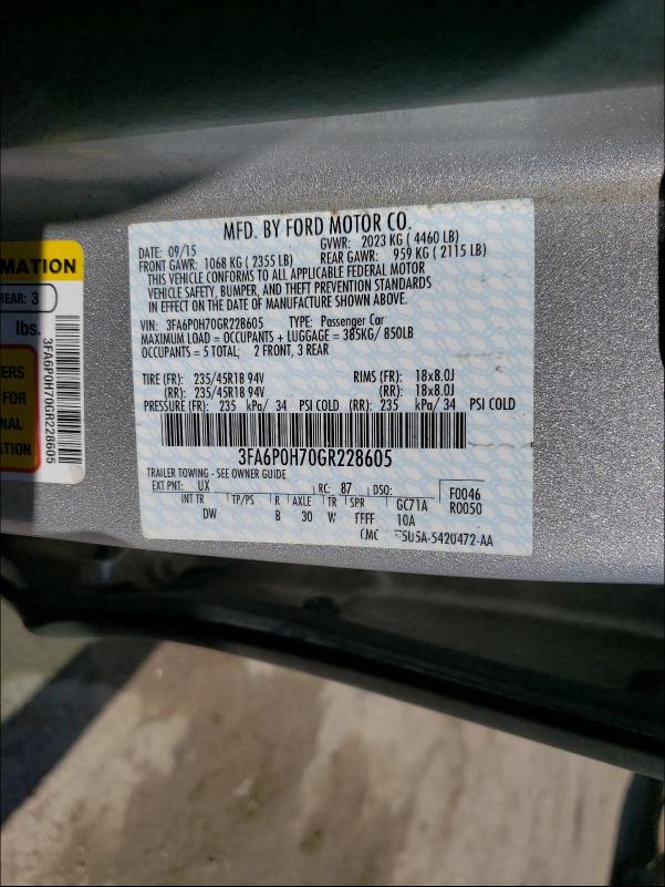 3FA6P0H70GR228605 Ford Fusion Se 2016. Фото: 9