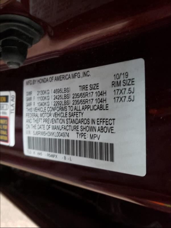 2019 HONDA CR-V LX 5J6RW5H3XKL004974