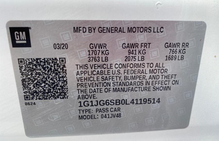 2020 CHEVROLET SONIC 1G1JG6SB0L4119514