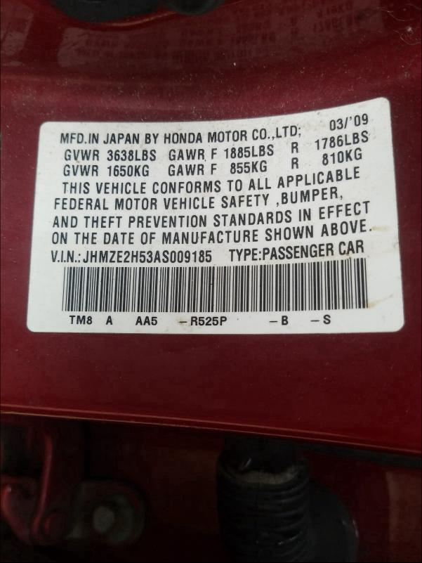 2010 HONDA INSIGHT LX JHMZE2H53AS009185
