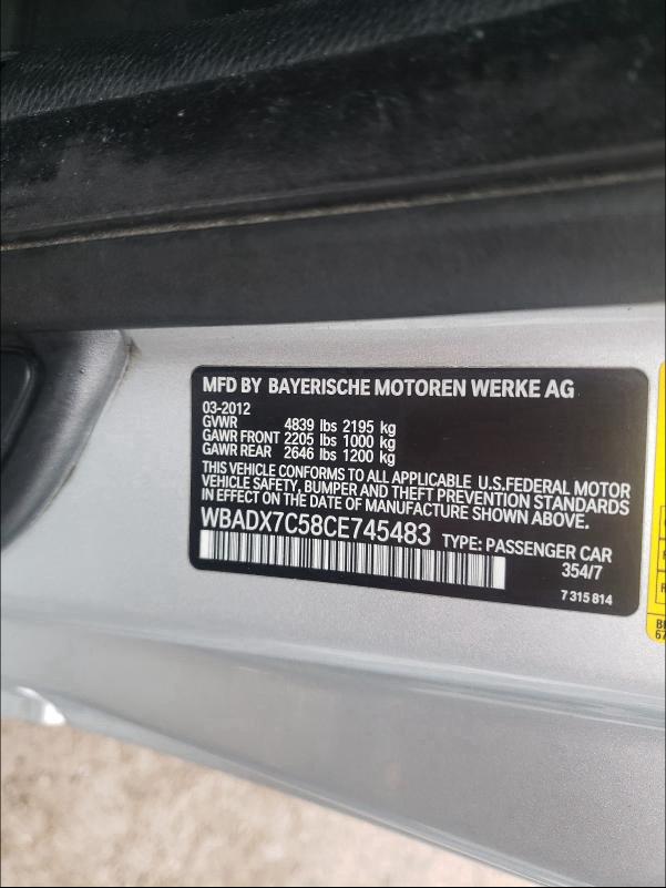 2012 BMW 335 I WBADX7C58CE745483