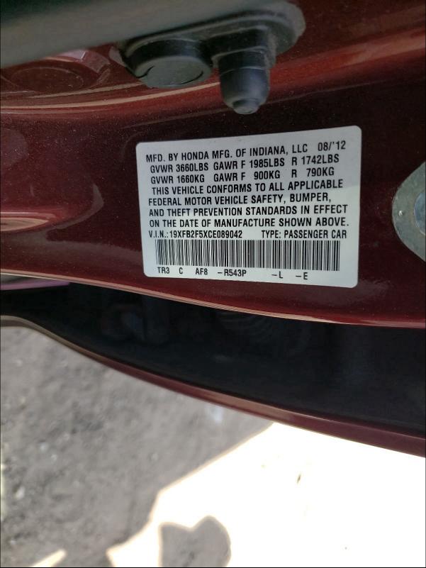 2012 HONDA CIVIC LX 19XFB2F5XCE089042