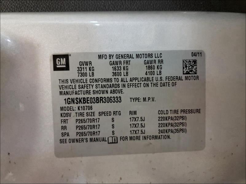 2011 CHEVROLET TAHOE 1GNSKBE03BR306333