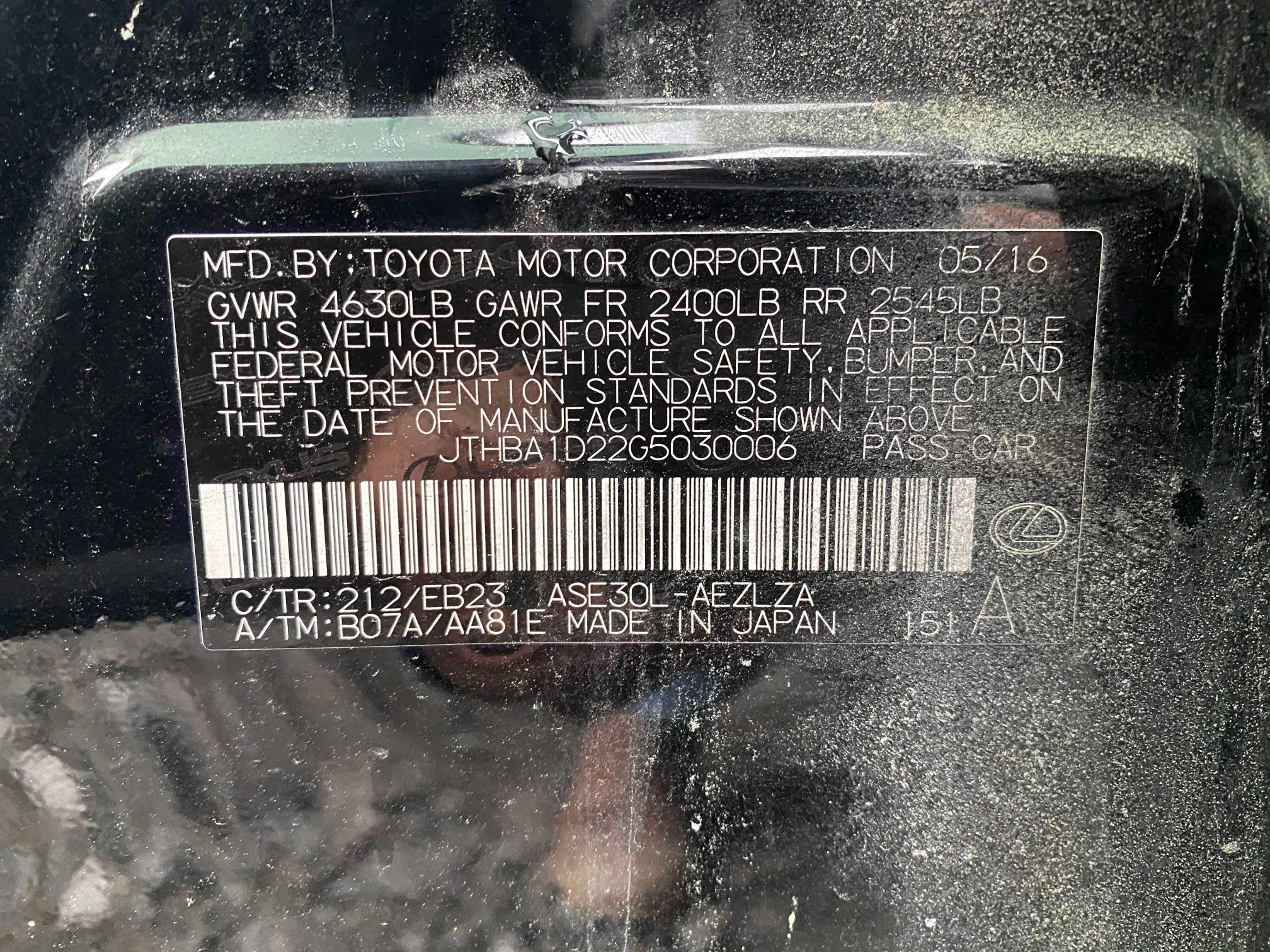 2016 LEXUS IS 200T JTHBA1D22G5030006